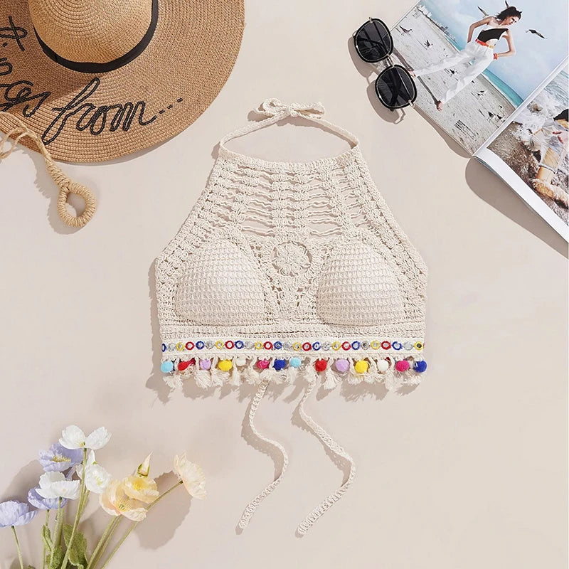 Bohemian Knit Backless Tassel Crop Top