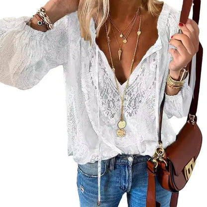 Boho Lace Hollow-Out V-Neck Blouse
