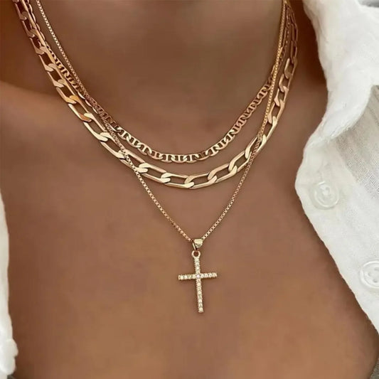 Gold Cross Pendant Layered Necklace