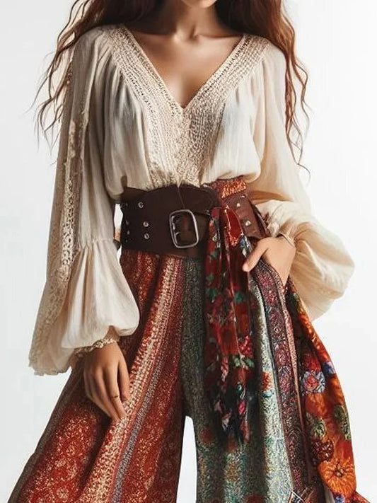Boho Lantern Sleeves V-Neck Blouse