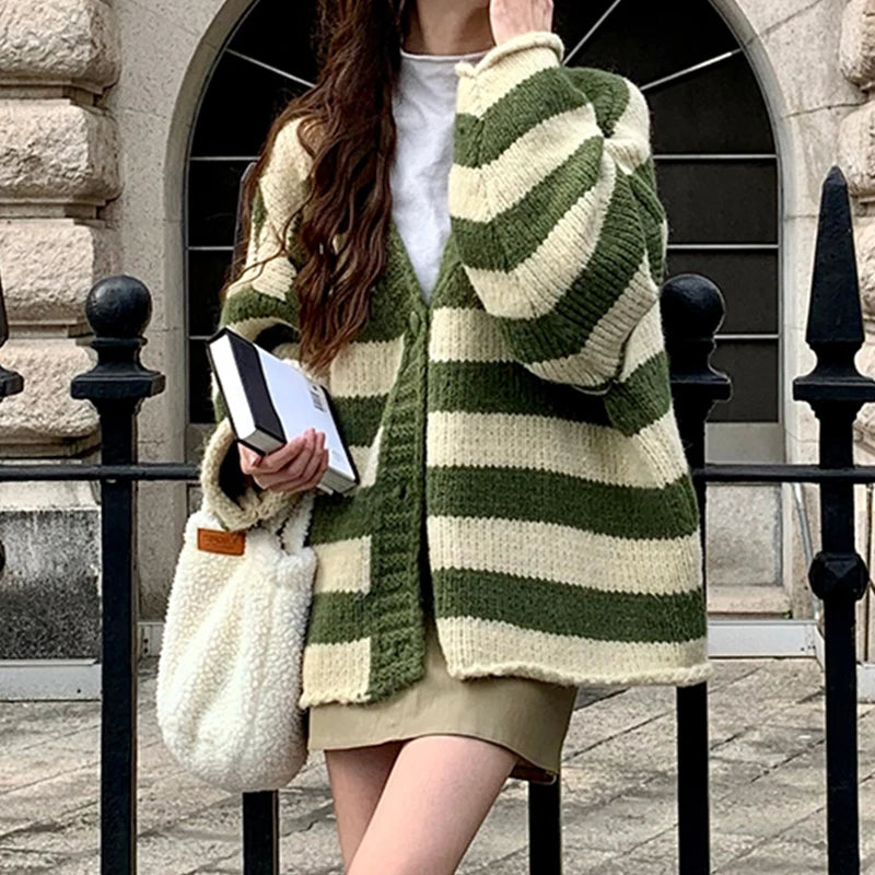 Striped Color Blocked V-Neck Cardigan