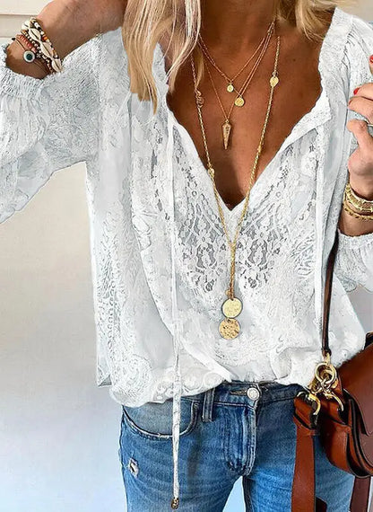 Boho Lace Hollow-Out V-Neck Blouse