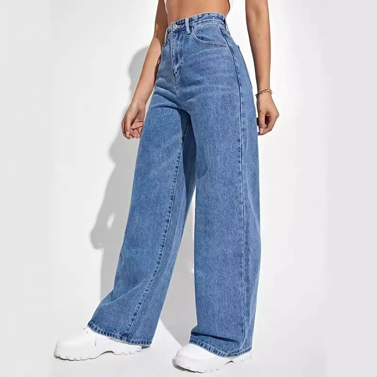 Women's Dark Blue Wide-Leg Straight Jeans