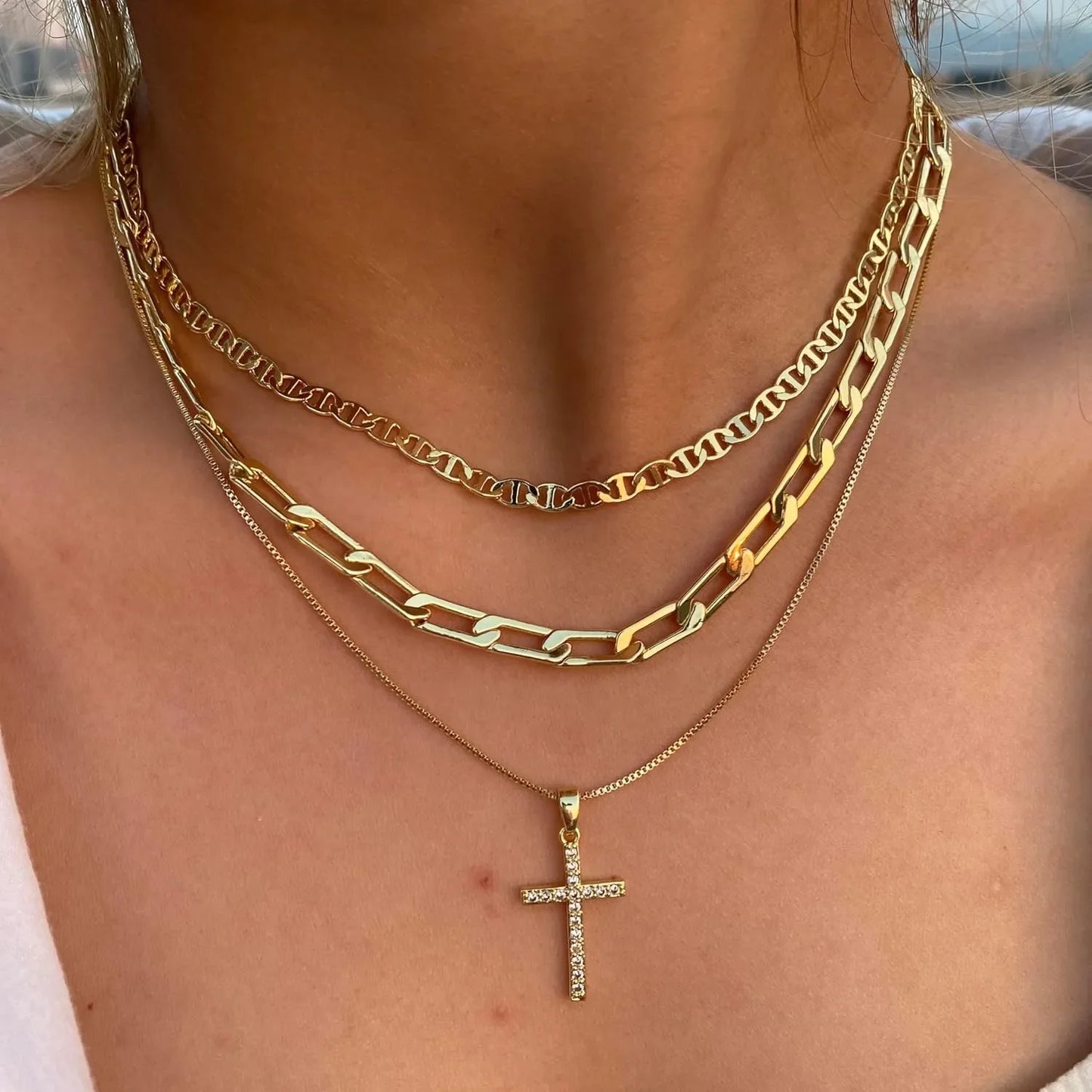 Gold Cross Pendant Layered Necklace