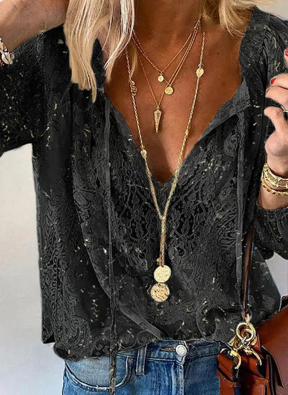 Boho Lace Hollow-Out V-Neck Blouse