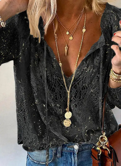 Boho Lace Hollow-Out V-Neck Blouse