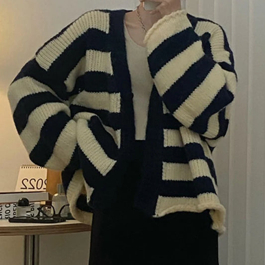 Striped Color Blocked V-Neck Cardigan