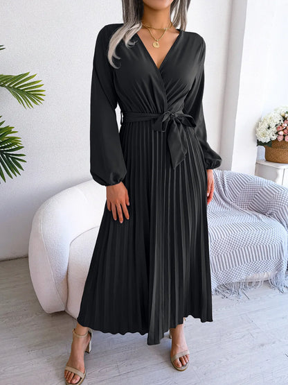 Women’s Elegant V-Neck Pleated Maxi Dress