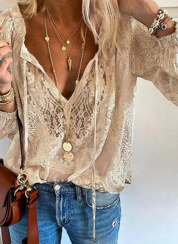 Boho Lace Hollow-Out V-Neck Blouse