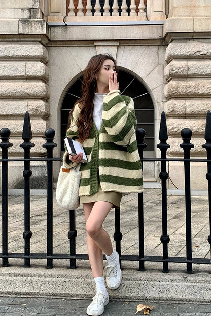Striped Color Blocked V-Neck Cardigan