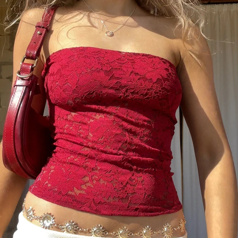 Boho Floral Lace Strapless Crop Top