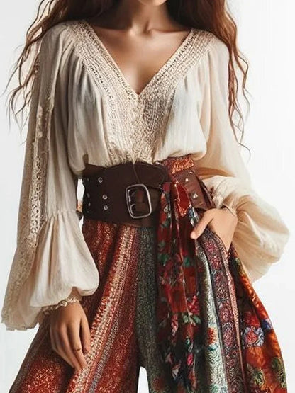 Boho Lantern Sleeves V-Neck Blouse