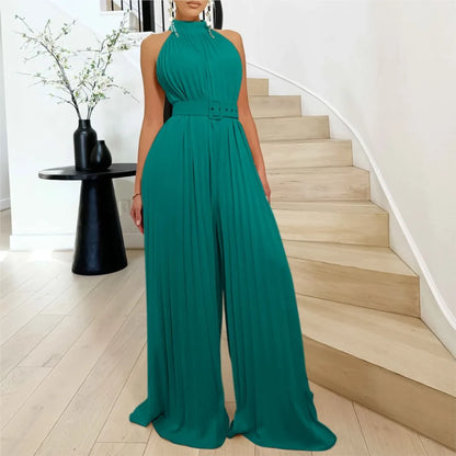 Halter Neck Pleated Wide Leg Jumpsuit