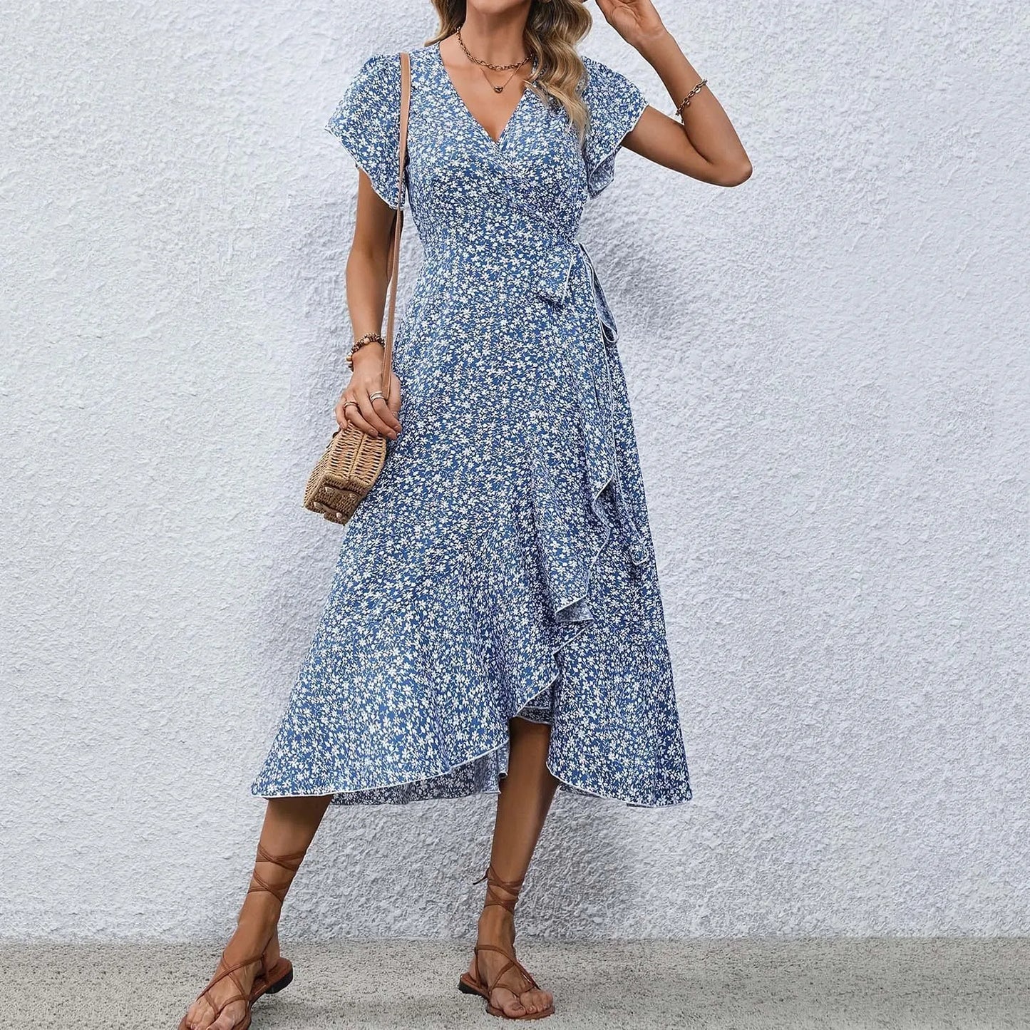 Women’s Floral Wrap V-Neck Midi Dress