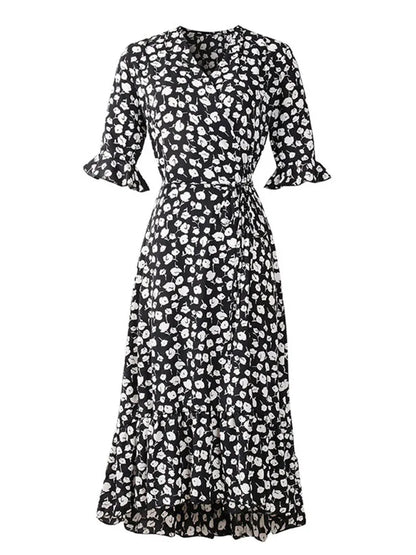 Floral V-Neck Wrap Midi Dress
