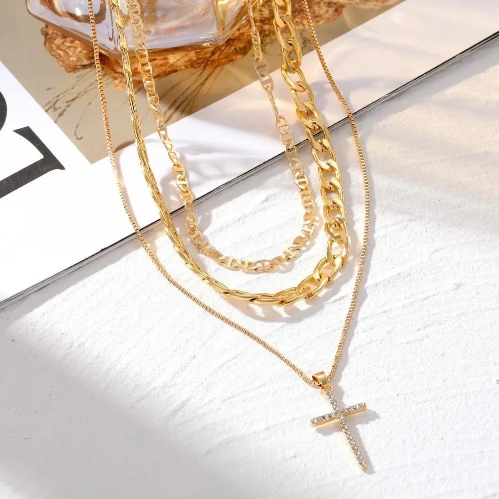 Gold Cross Pendant Layered Necklace