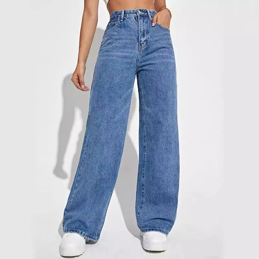 Women's Dark Blue Wide-Leg Straight Jeans