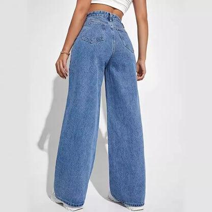 Women's Dark Blue Wide-Leg Straight Jeans