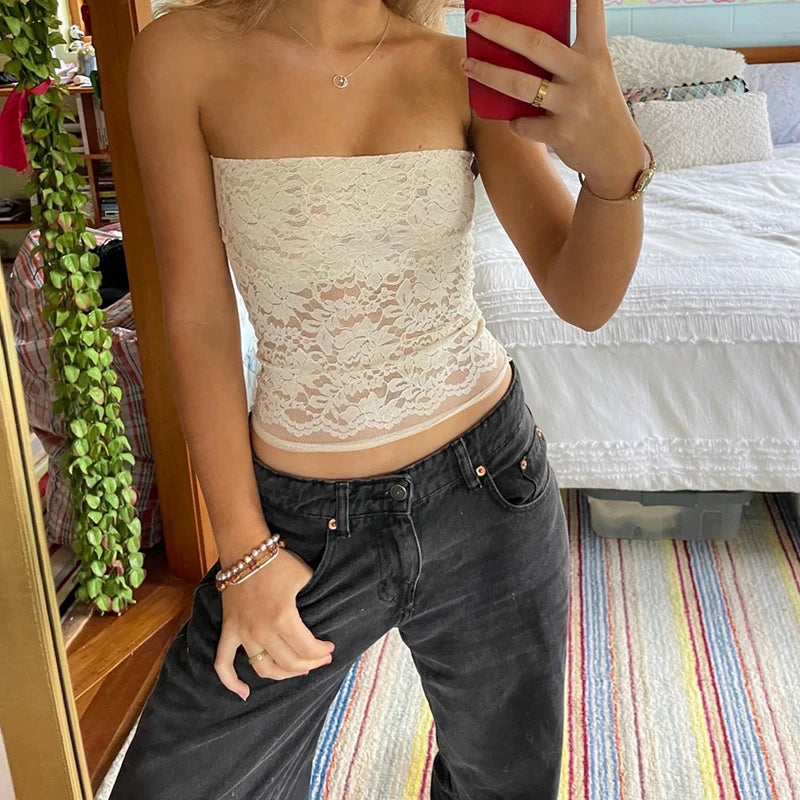 Boho Floral Lace Strapless Crop Top