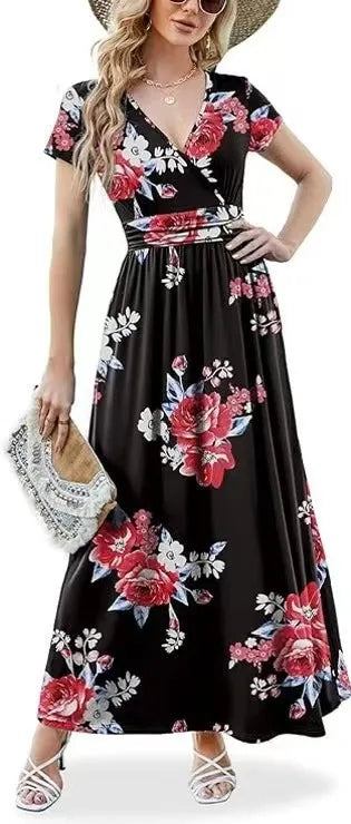 Printed V-Neck Wrap Dress