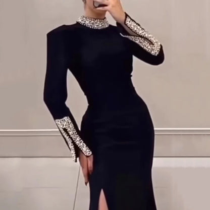 Slim Fit Rhinestone Wrap Banquet Dress