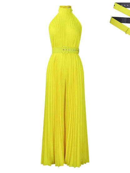 Halter Neck Pleated Wide Leg Jumpsuit