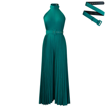 Halter Neck Pleated Wide Leg Jumpsuit