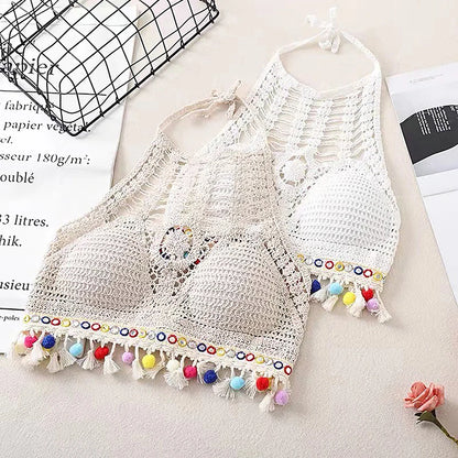 Bohemian Knit Backless Tassel Crop Top