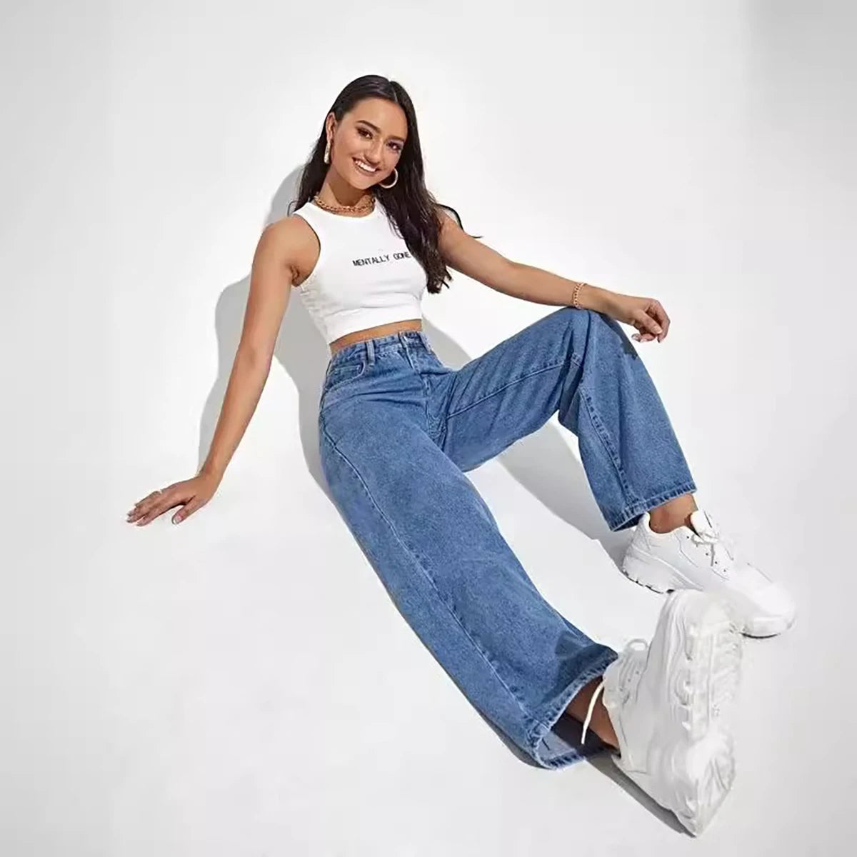 Women's Dark Blue Wide-Leg Straight Jeans