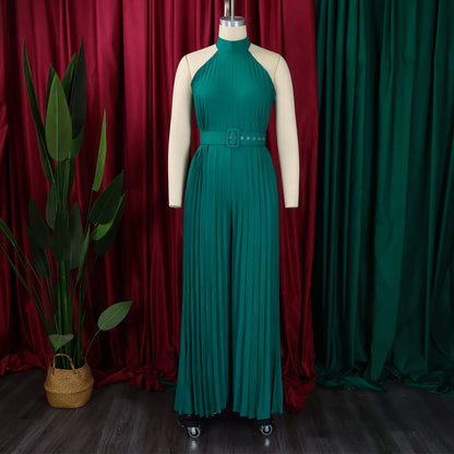 Halter Neck Pleated Wide Leg Jumpsuit