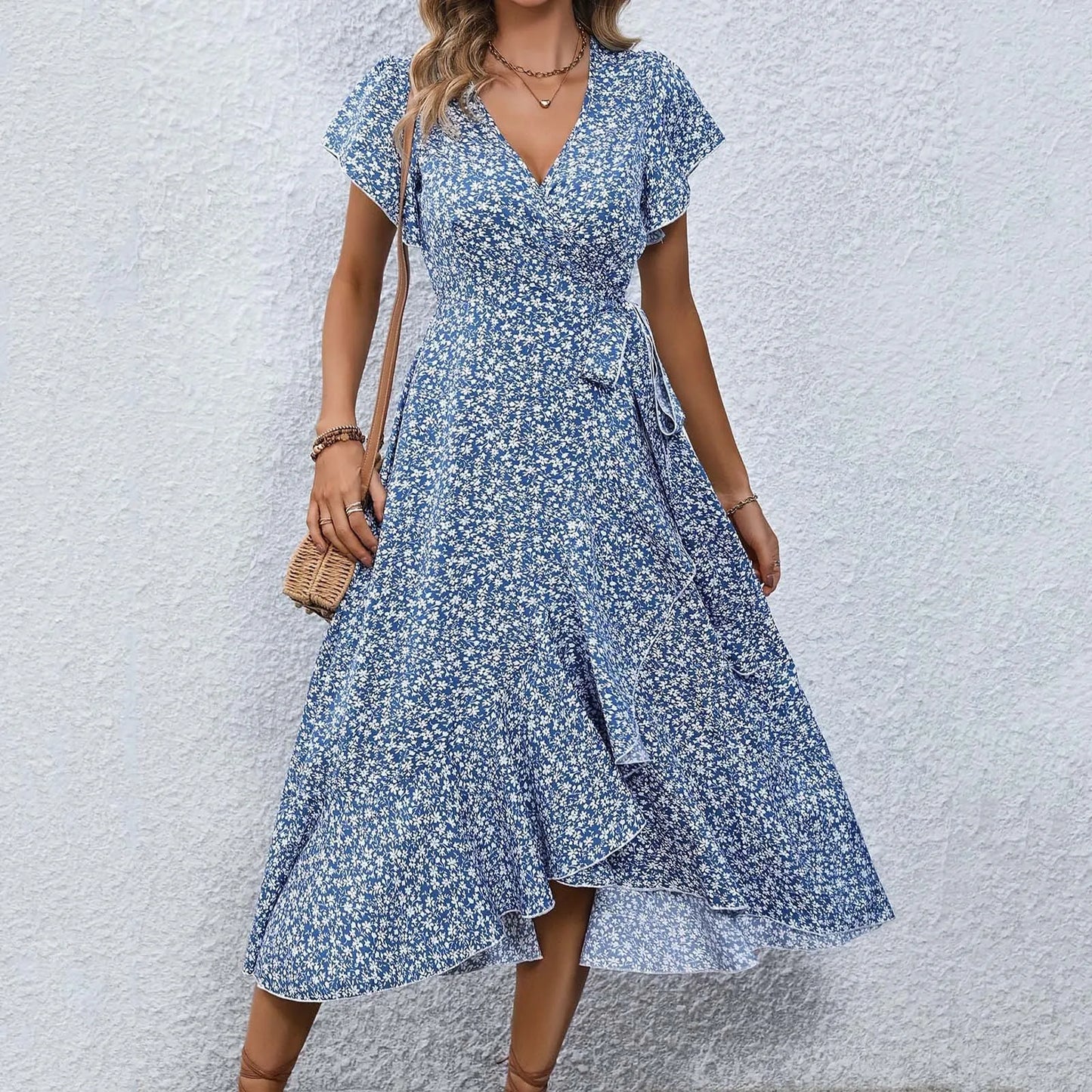 Women’s Floral Wrap V-Neck Midi Dress