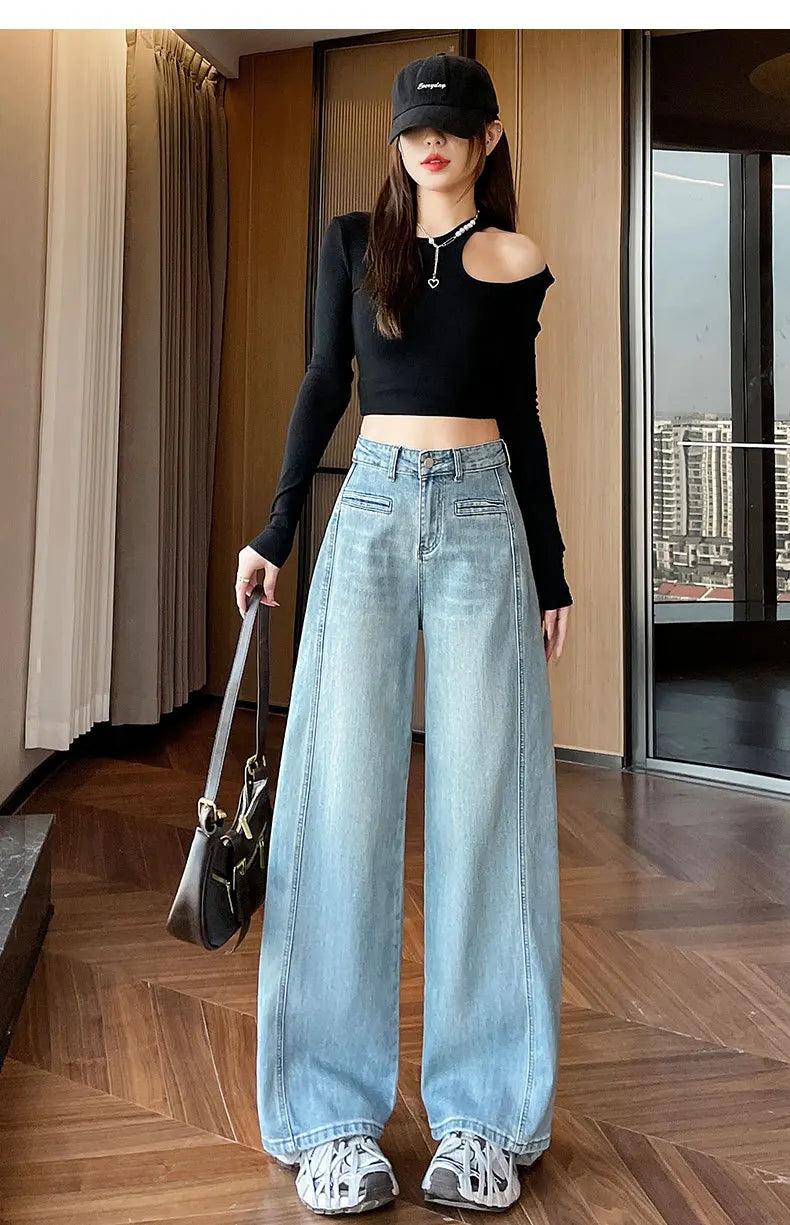 High-Waisted Straight-Leg Denim Pants