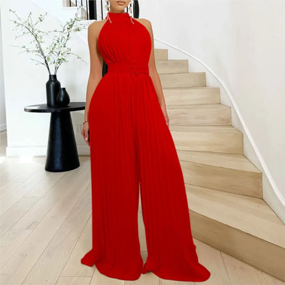 Halter Neck Pleated Wide Leg Jumpsuit