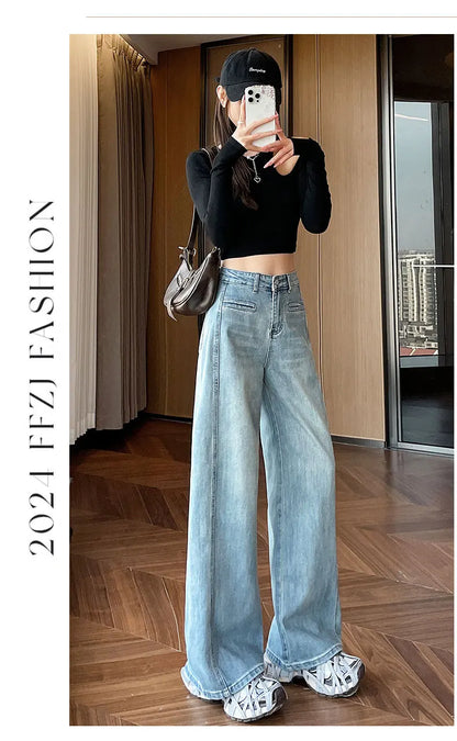 High-Waisted Straight-Leg Denim Pants