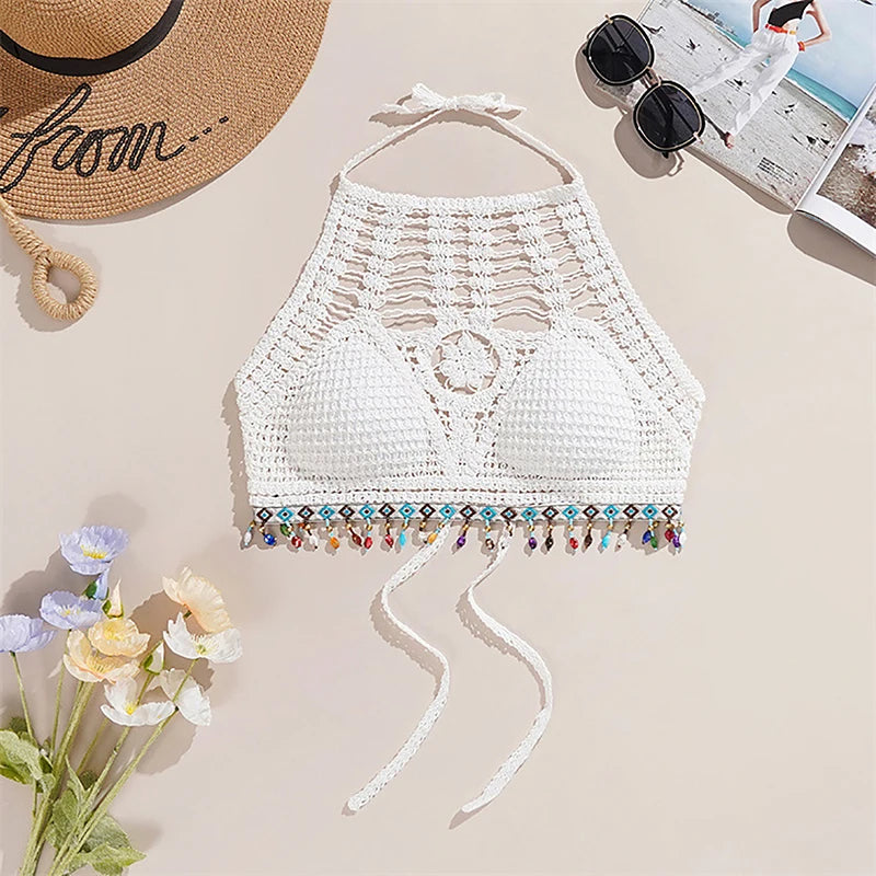 Bohemian Knit Backless Tassel Crop Top
