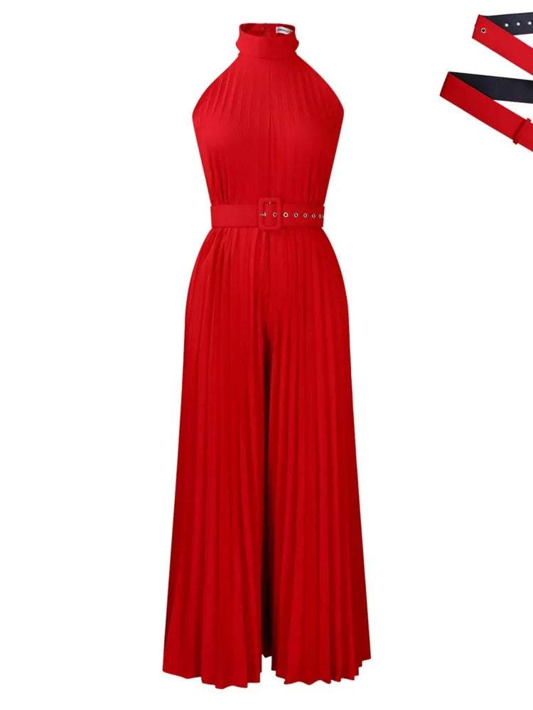 Halter Neck Pleated Wide Leg Jumpsuit