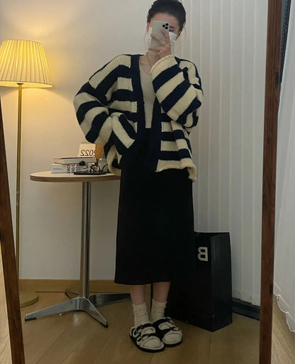 Striped Color Blocked V-Neck Cardigan