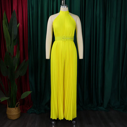 Halter Neck Pleated Wide Leg Jumpsuit