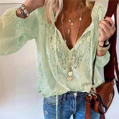 Boho Lace Hollow-Out V-Neck Blouse