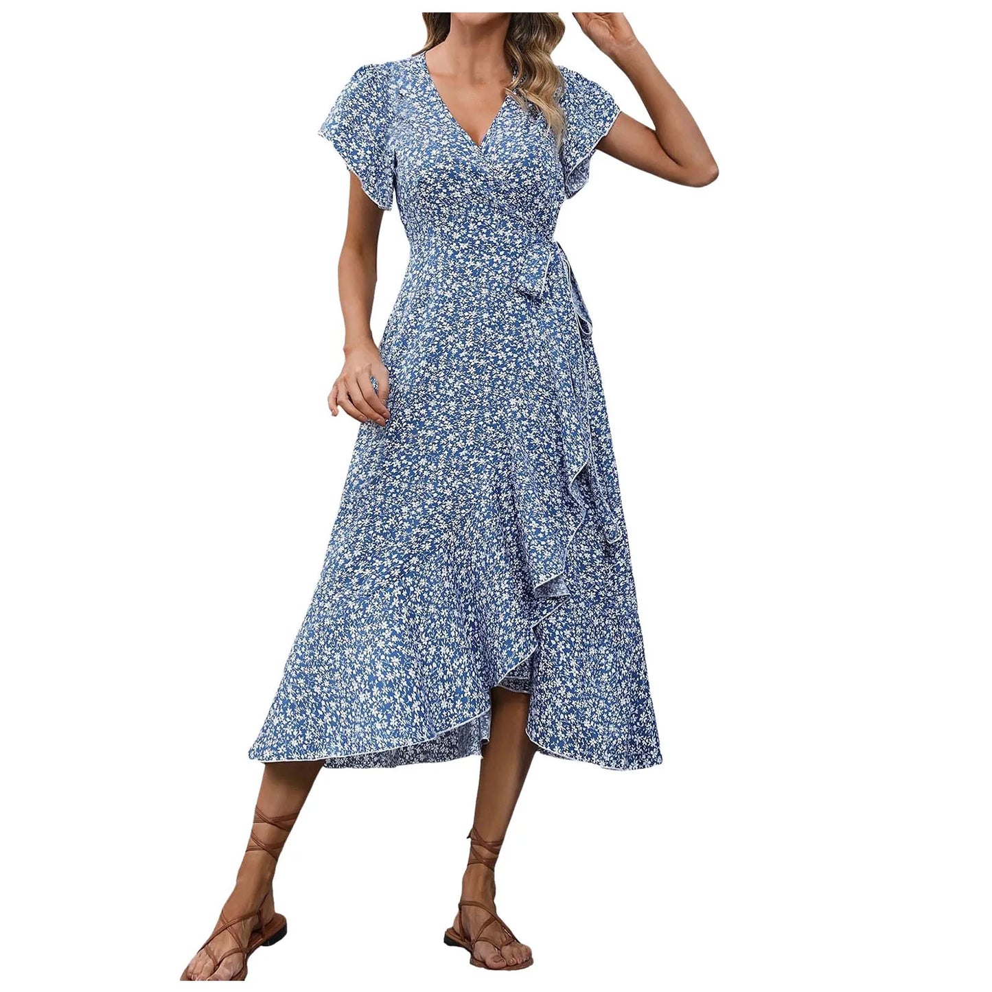 Women’s Floral Wrap V-Neck Midi Dress