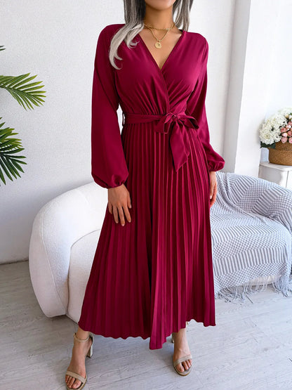 Women’s Elegant V-Neck Pleated Maxi Dress