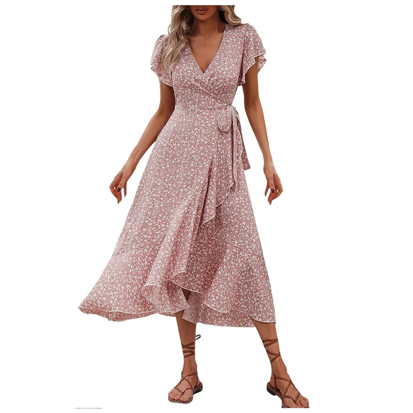 Women’s Floral Wrap V-Neck Midi Dress