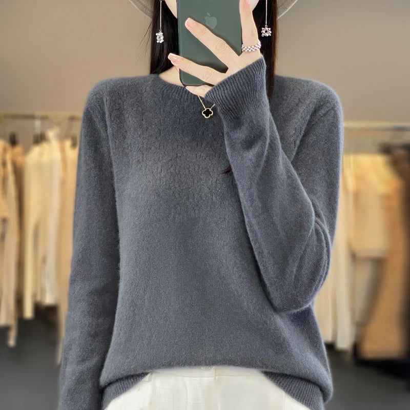Merino Wool O-Neck Pullover Sweater