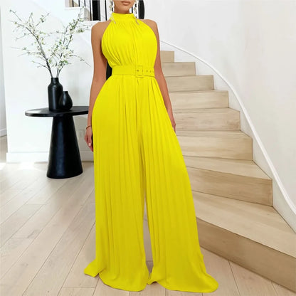 Halter Neck Pleated Wide Leg Jumpsuit