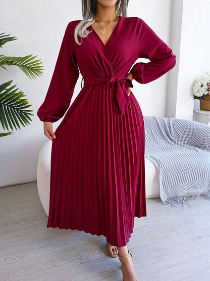 Women’s Elegant V-Neck Pleated Maxi Dress