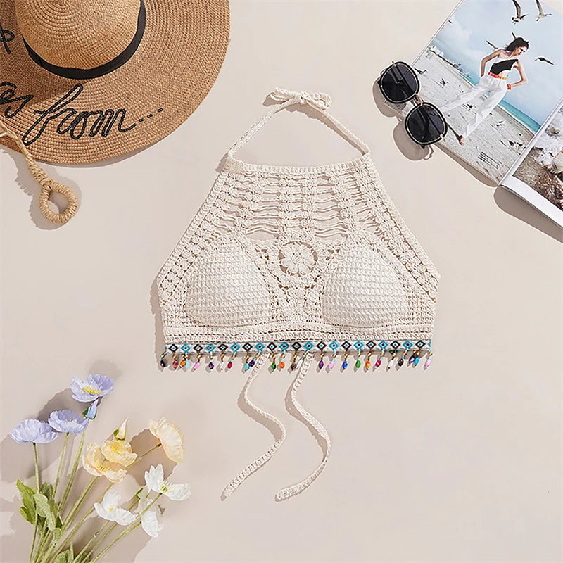 Bohemian Knit Backless Tassel Crop Top