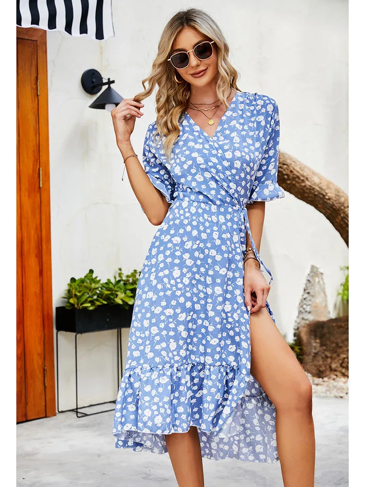 Floral V-Neck Wrap Midi Dress