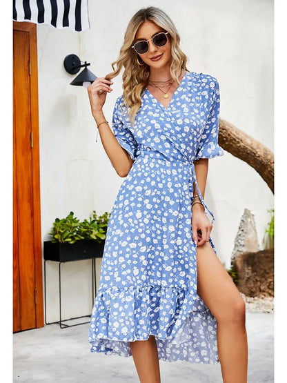 Floral V-Neck Wrap Midi Dress