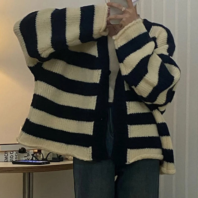 Striped Color Blocked V-Neck Cardigan