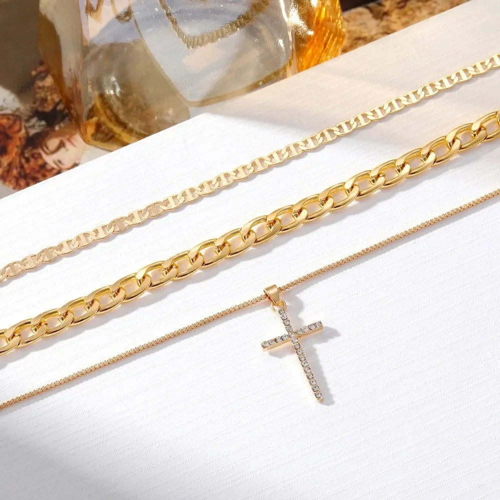 Gold Cross Pendant Layered Necklace